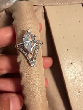 Marquise-Cut Clear Stone V-Accent Silver Ring